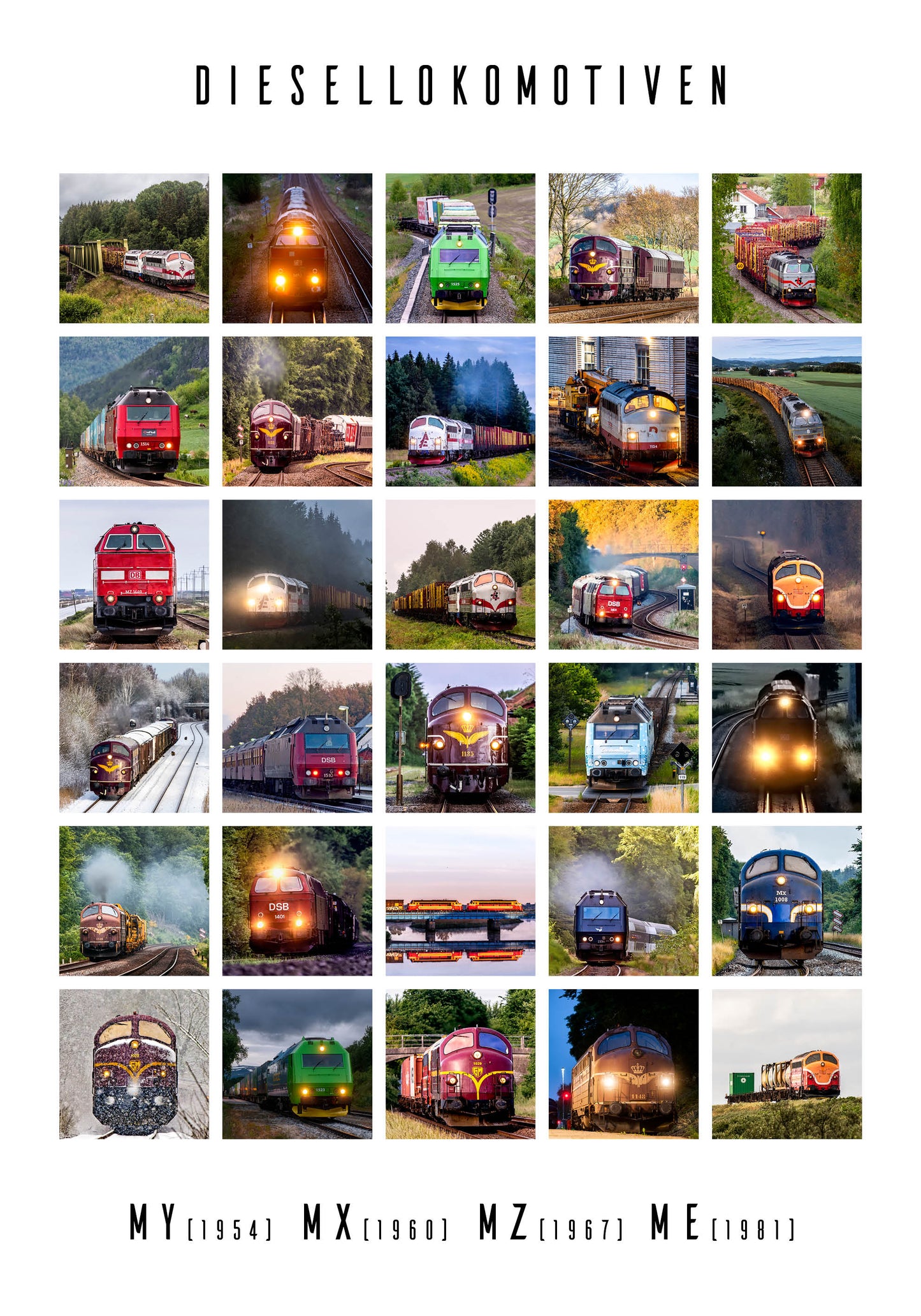 Collage Poster mit DSB’s großen Dieselloks weiß